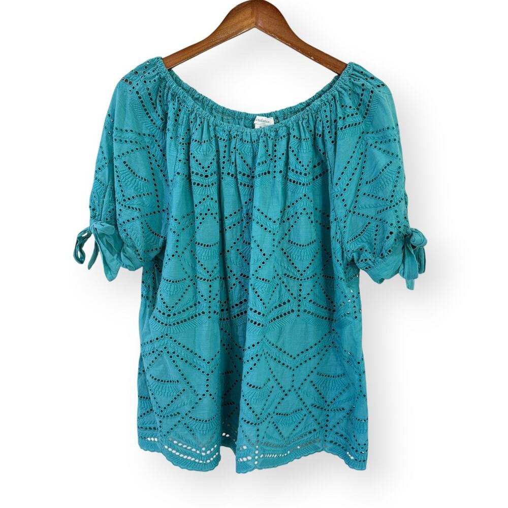 Sundance Paulina Teal Blue Eyelet Top M Off Shoulder Tie Sleeve Boho Peasant